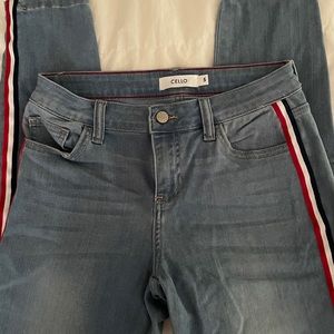 Cello jeans… red white and blue embellished seams